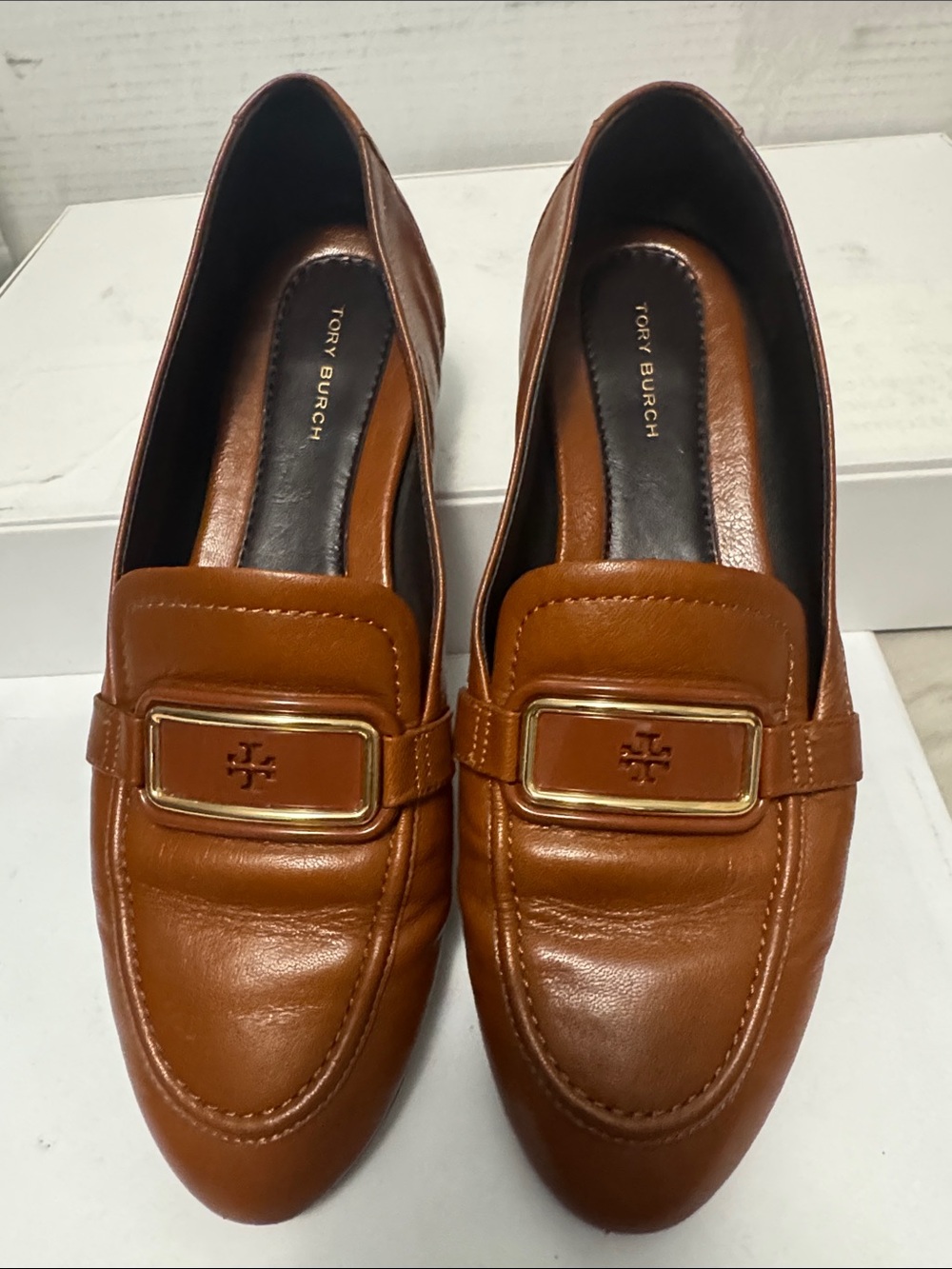 Tory Burch Cognac Leather Loafers with Gold Logo Buckle